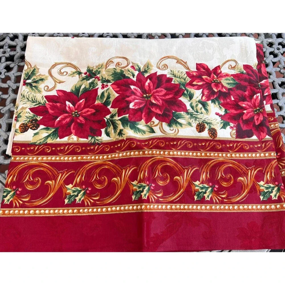 Holiday Time Christmas Damask Poinsettia Tablecloth 60x84 Oblong Red Open Box
